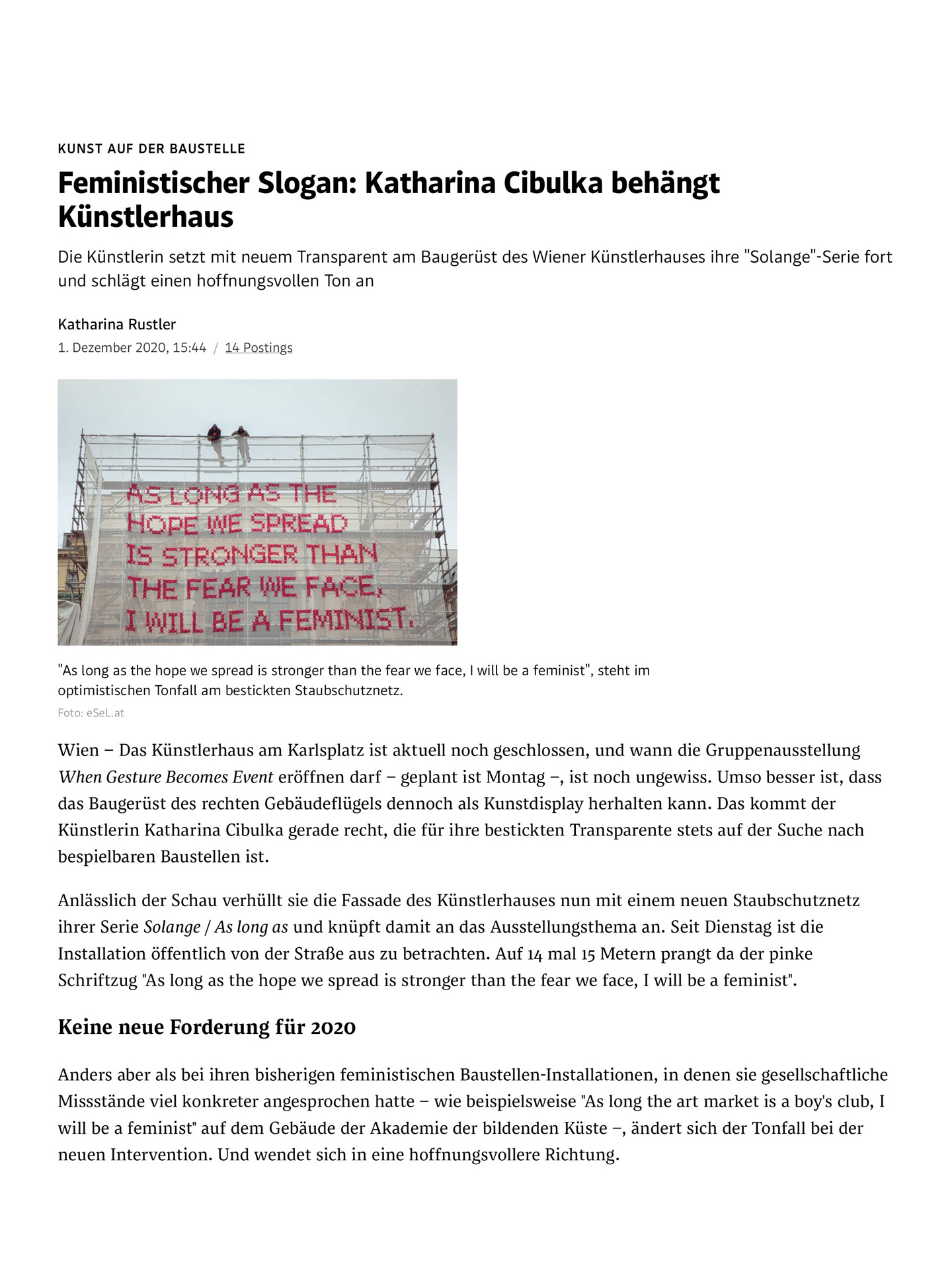 Der Standard – 01/12/20 Feministischer Slogan Katharina Cibulka behängt Künstlerhaus