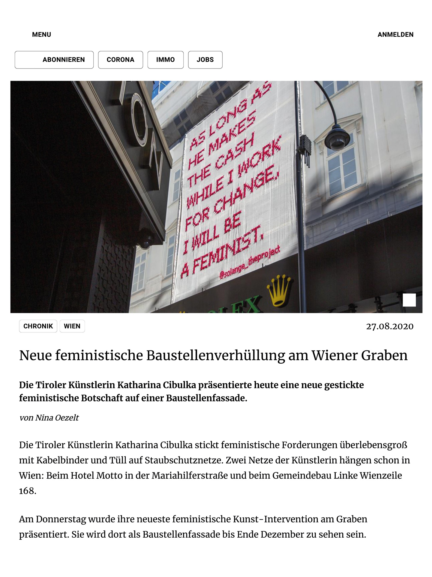 Kurier – Neue feministische Baustellenverhüllung am Wiener Graben – 27/08/20