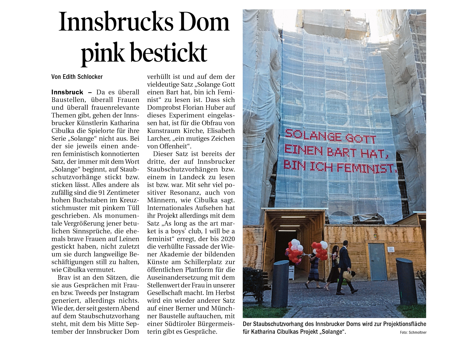 Tiroler Tageszeitung – Innsbrucks Dom pink bestickt – 28/07/18