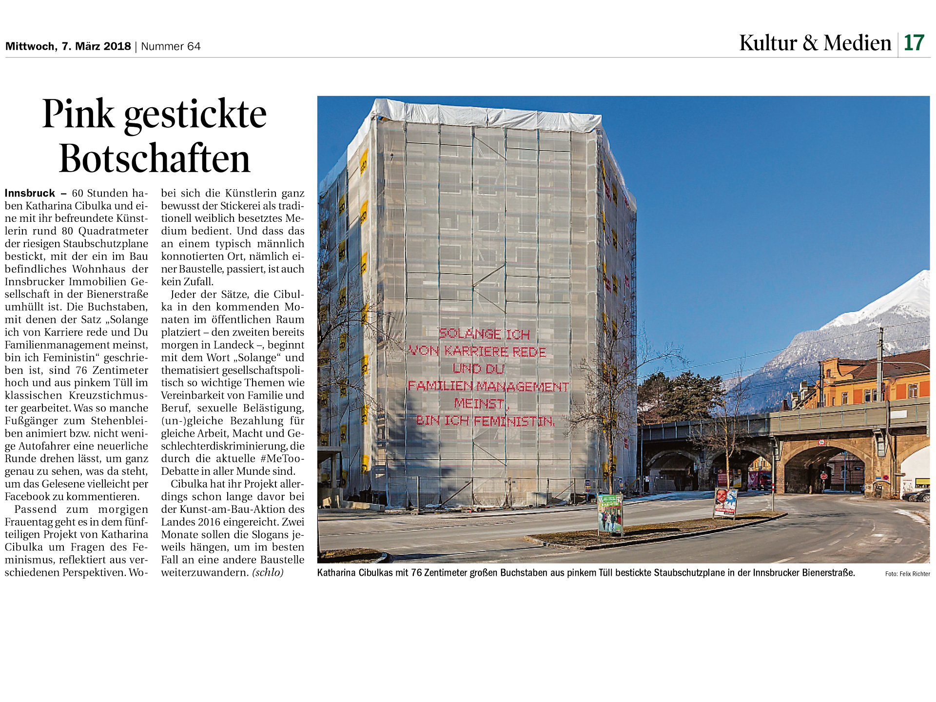 Tiroler Tageszeitung – Pink gestickte Botschaften – 07/03/18